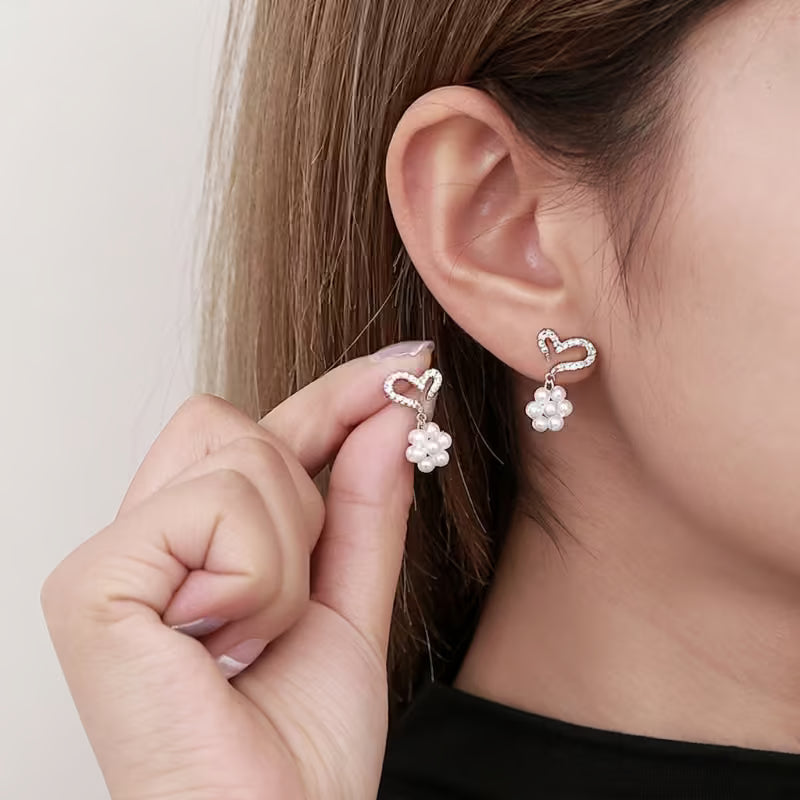 Sparkling CZ Heart & Pearl Cluster Drop Earrings: 925 Sterling Silver Elegant Earrings for Women