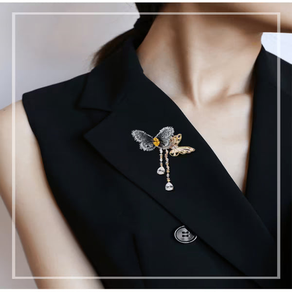 Light Luxury French Butterfly Chain Tassel Brooch Pin — CZ Rhinestone Statement Suit Corsage, Elegant Gift for Women