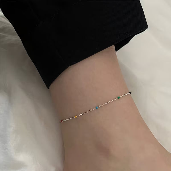 Dainty Korean Rainbow Bead Anklet 925 Sterling Silver – Minimalist Tiny Charm Jewelry for Women, Friendship Gift