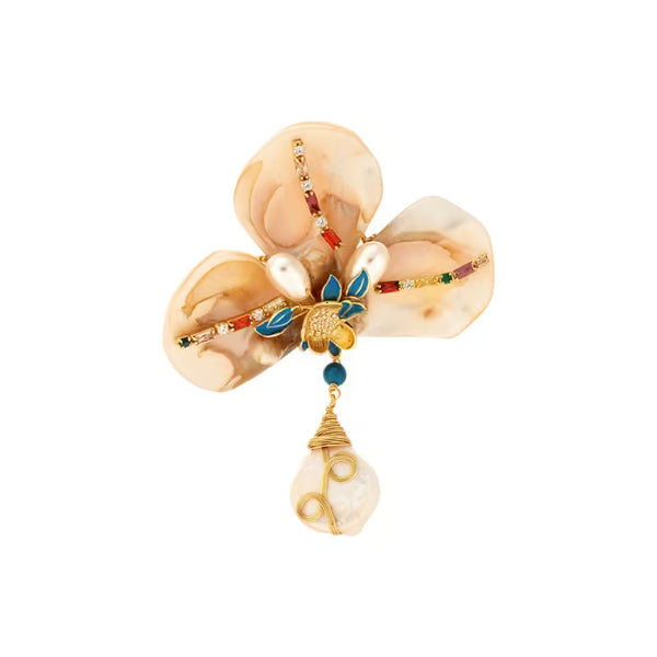 Light Luxury Vintage MOP Flower & Pearl Brooch Pin — Electroplated Enamel Design, Elegant Statement Corsage for Women