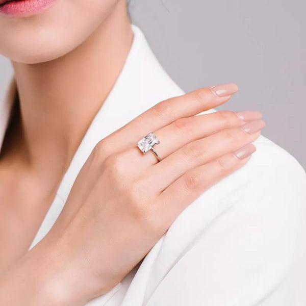 Bold Rectangular Cubic Zirconia Statement Ring for Women, 925 Sterling Silver Light Luxury European American Style