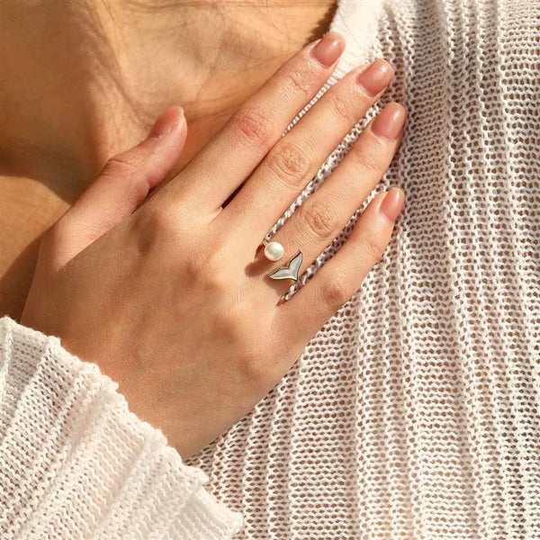 Elegant Mermaid Tail Pearl Accent Open Ring, 925 Sterling Silver Adjustable Dainty Jewelry for Women