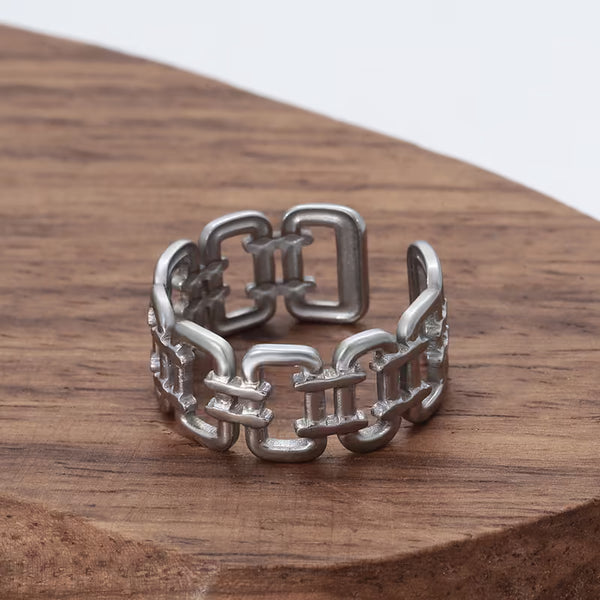 Stainless Steel Geometric Square Open Ring — Minimalist Adjustable Unisex Band, Niche Industrial Finger Jewelry, Silver Tone