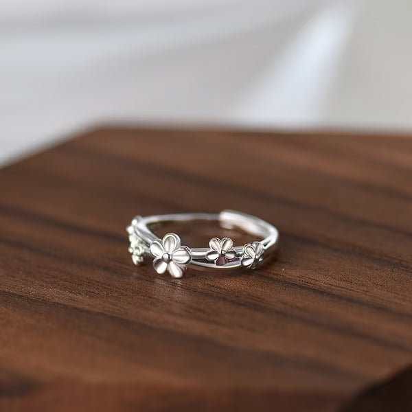 999 Fine Silver Adjustable Flower Vine Ring for Women, Light Luxury Artistic Minimalist Jewelry