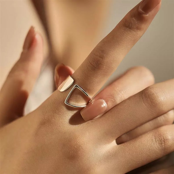 Edgy Minimalist Geometric Open Ring, 925 Sterling Silver Anti-Tarnish Adjustable Band for Women