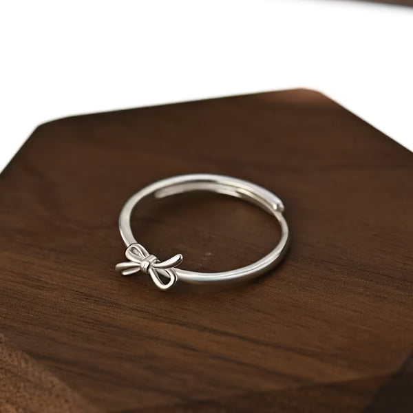 S999 Fine Silver Dainty Bow Adjustable Open Ring for Women, Minimalist Niche Light Luxury Band
