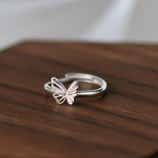 999 Fine Silver Butterfly Open Ring, Adjustable Minimalist Band, Light Luxury Pinky Index Finger Jewelry for Women