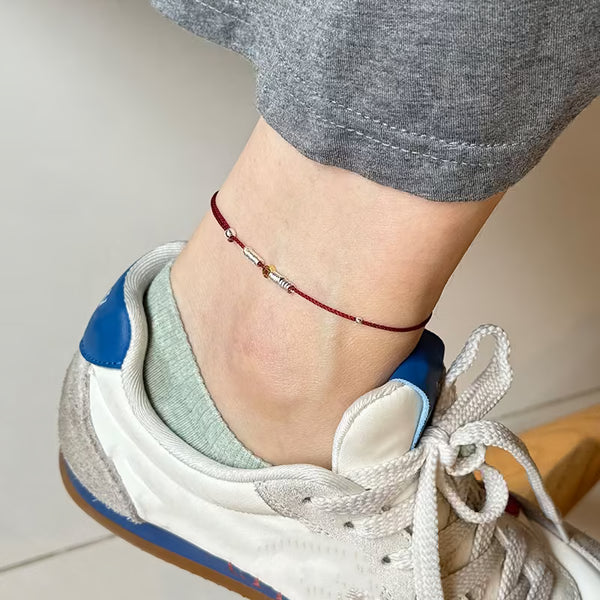 Two-Tone Gold Silver Coin Charm Red Cord Anklet for Women, 925 Sterling Silver, Minimalist Neo-Chinese Design