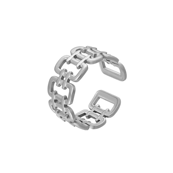 Stainless Steel Geometric Square Open Ring — Minimalist Adjustable Unisex Band, Niche Industrial Finger Jewelry, Silver Tone
