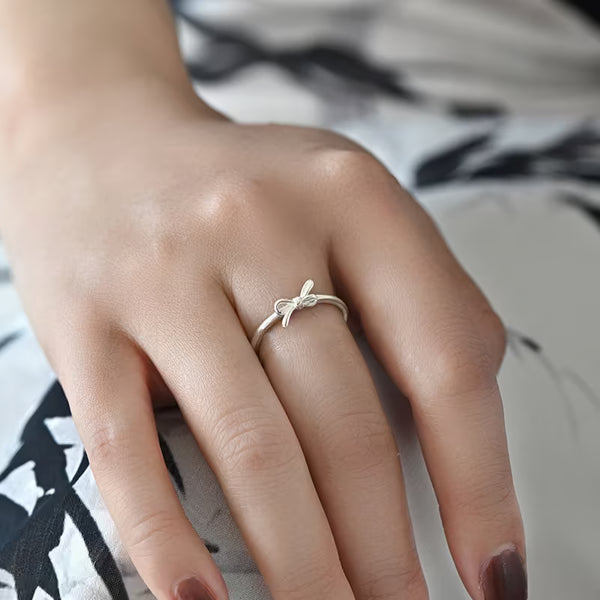 S999 Fine Silver Dainty Bow Adjustable Open Ring for Women, Minimalist Niche Light Luxury Band