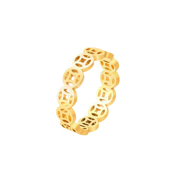 Light Luxury Hollow Coin Ring — 24K Gold Tone Stainless Steel, Minimalist Niche Feng Shui Band for Women, Lucky Chinese Money Jewelry Gift