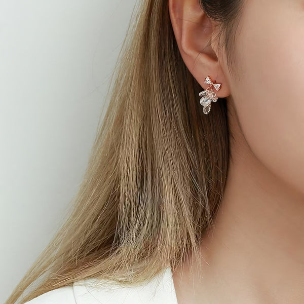 Dainty Sweet Bow Rhinestone Drop Stud Earrings, 925 Silver Post Hypoallergenic, Minimalist Student Jewelry
