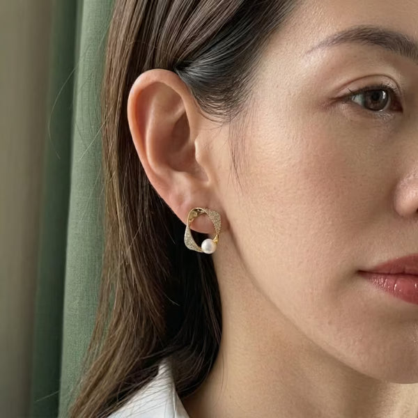 Creative Geometric Zircon Pearl Stud Earrings for Women, Trendy Minimalist Jewelry