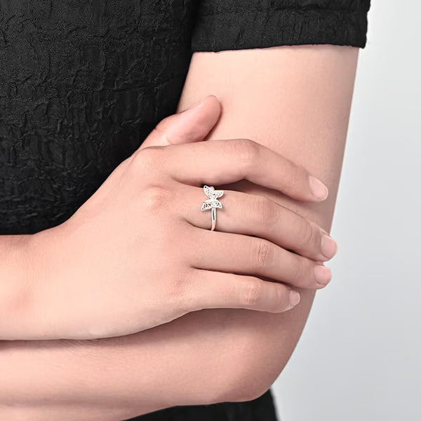 S999 Sterling Silver Double Layer Butterfly Ring Minimalist Open Stackable Band Trendy Index Finger Dainty Jewelry Gift for Women
