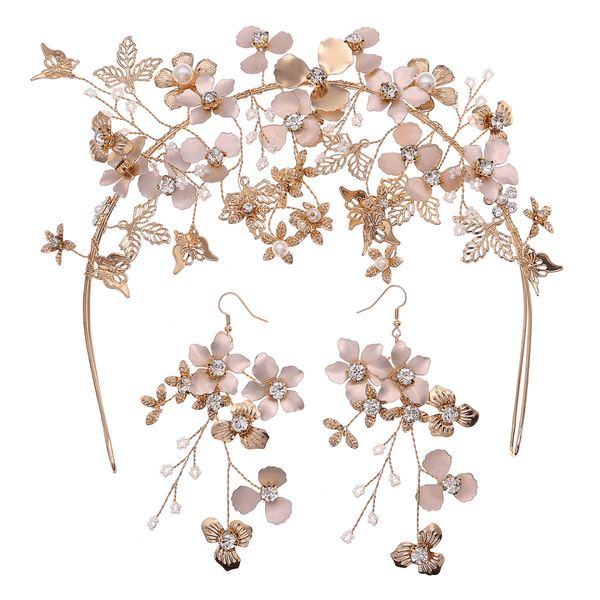 Vintage Fairy Flower Bridal Headband & Earrings Set — Handmade Alloy Floral Hair Hoop, Romantic Wedding Party Hair Accessories, Gold / Silver Tone, with Matching Drop Earrings