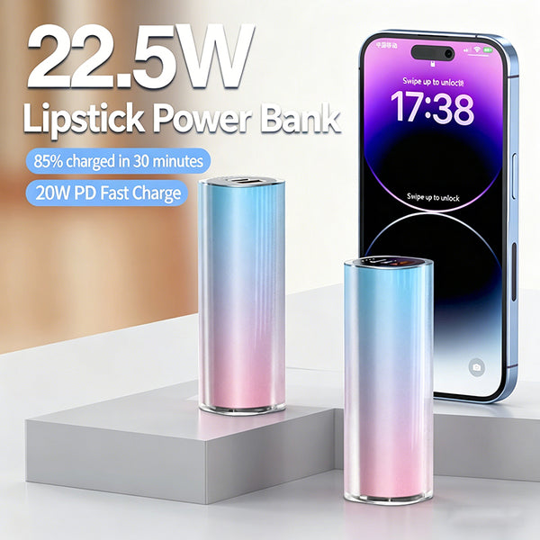 Gradient Mini Lipstick Design Power Bank 22.5W PD Fast Charging Portable Mobile Charger 5000mAh 10000mAh Slim Pocket Power Bank for Women Gift