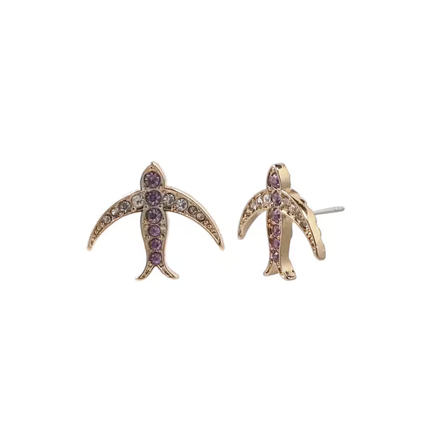 Cute Swallow Bird Glass Gemstone Stud Earrings for Women, 925 Sterling Silver Post, European American Style Creative Jewelry