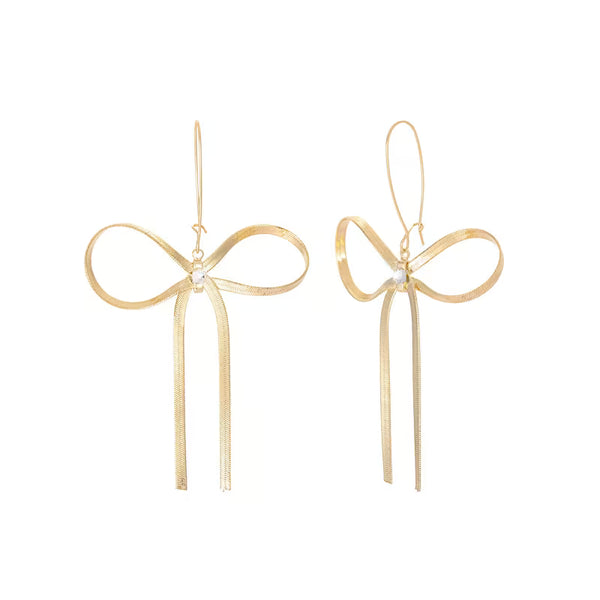 Minimalist Metal Bow Tassel Drop Earrings for Women, Elegant Long Dangle Trendy Jewelry