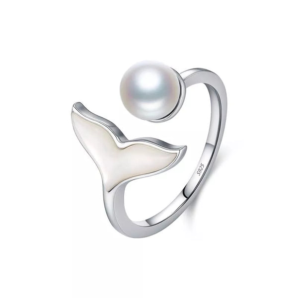 Elegant Mermaid Tail Pearl Accent Open Ring, 925 Sterling Silver Adjustable Dainty Jewelry for Women