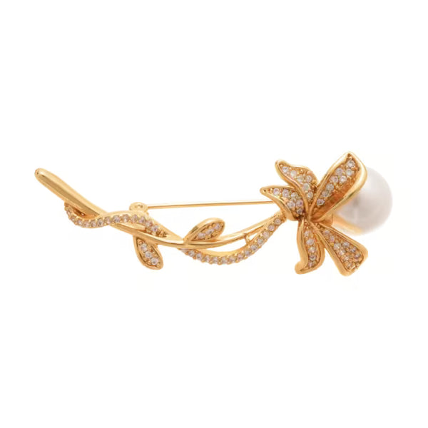 Light Luxury CZ & Pearl Flower Brooch Pin – Vintage Fall Winter Statement Corsage, Elegant Gift for Women
