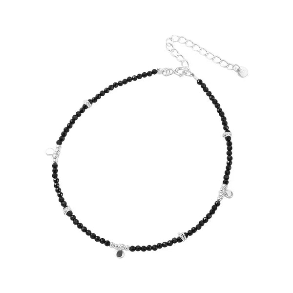 Edgy Minimalist Black Spinel Disc and Silver Bead Anklet, 925 Sterling Silver, Friendship Charm for Women
