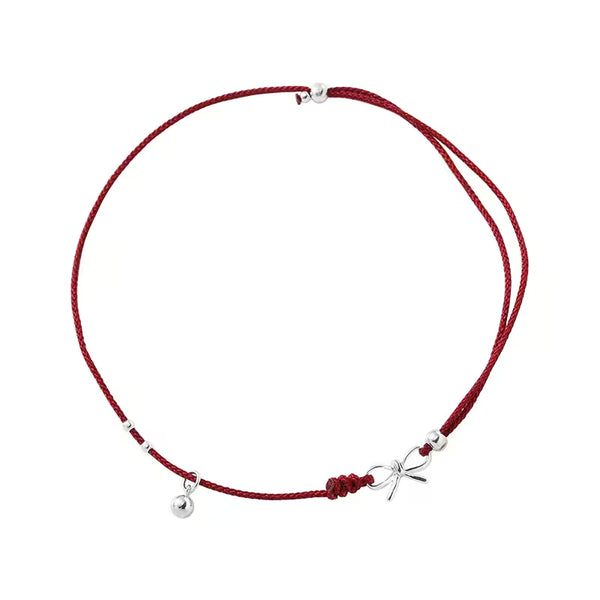 Dainty Bow & Round Bead Red Cord Anklet 925 Sterling Silver – Minimalist Handmade Sweet Friendship Gift for Women