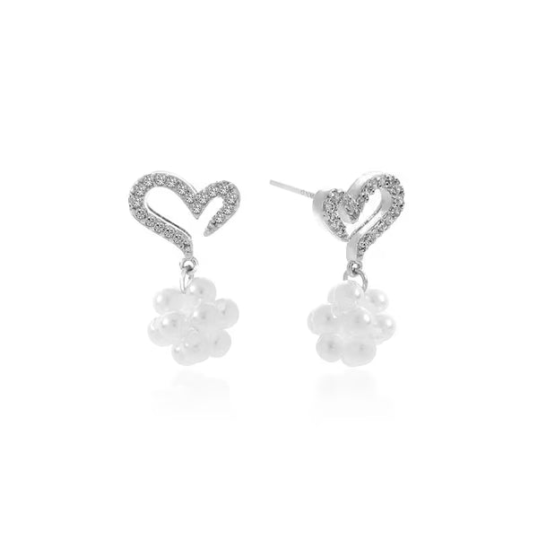Vintage Heart Pearl Drop Earrings, 925 Sterling Silver Post Hypoallergenic for Sensitive Ears