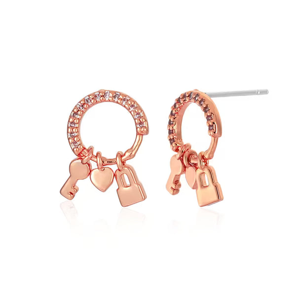 New Creative Heart Lock Pendant Zircon Stud Earrings, Minimalist Vintage for Women