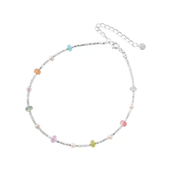 Minimalist Handcrafted Anklet 925 Sterling Silver – Colorful Crystal & Pearl with Textured Silver Nuggets, Versatile Boho Jewelry for Women