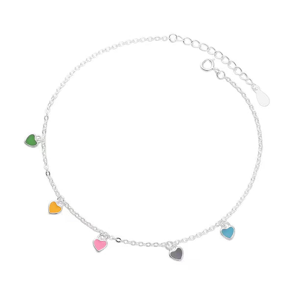 Minimalist Niche Colorful Enamel Heart Anklet 925 Sterling Silver – Friendship Charm Jewelry for Women