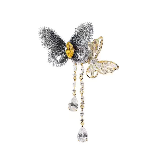 Light Luxury French Butterfly Chain Tassel Brooch Pin — CZ Rhinestone Statement Suit Corsage, Elegant Gift for Women