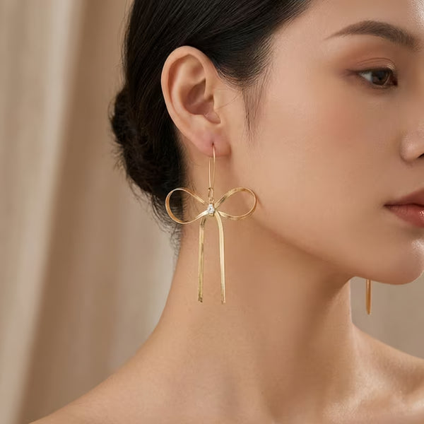 Minimalist Metal Bow Tassel Drop Earrings for Women, Elegant Long Dangle Trendy Jewelry