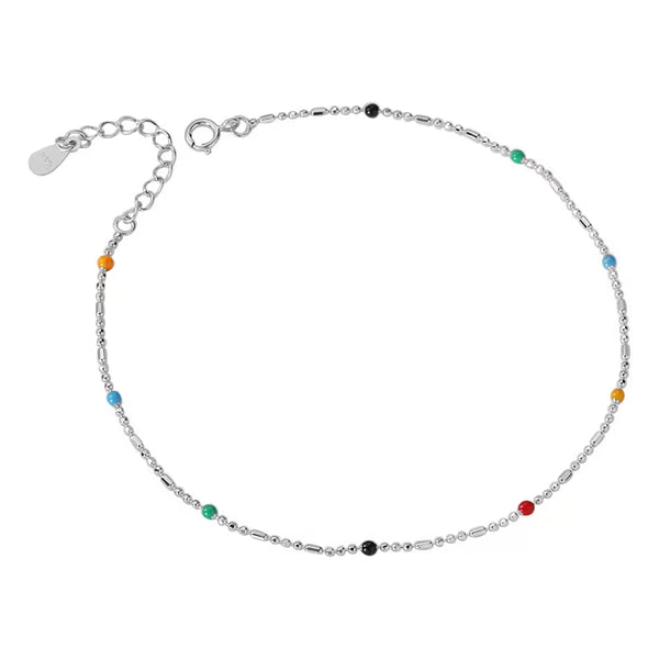 Dainty Korean Rainbow Bead Anklet 925 Sterling Silver – Minimalist Tiny Charm Jewelry for Women, Friendship Gift