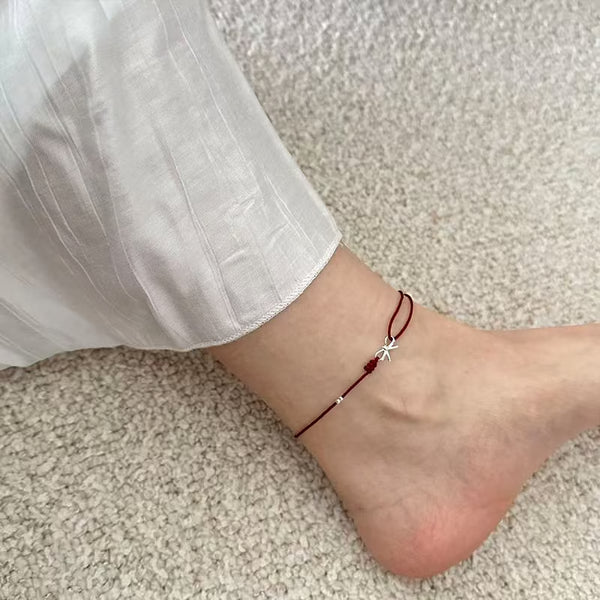 Dainty Bow & Round Bead Red Cord Anklet 925 Sterling Silver – Minimalist Handmade Sweet Friendship Gift for Women