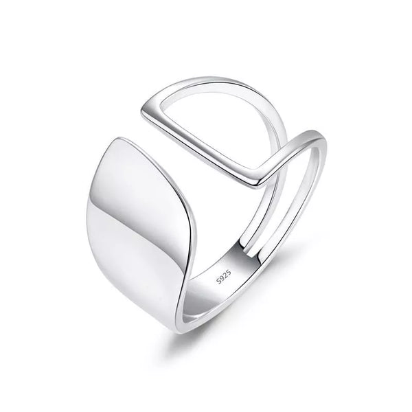 Edgy Minimalist Geometric Open Ring, 925 Sterling Silver Anti-Tarnish Adjustable Band for Women