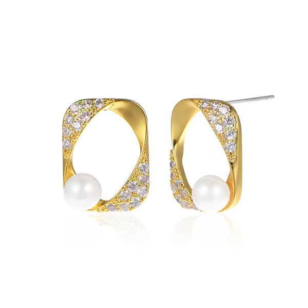 Creative Geometric Zircon Pearl Stud Earrings for Women, Trendy Minimalist Jewelry