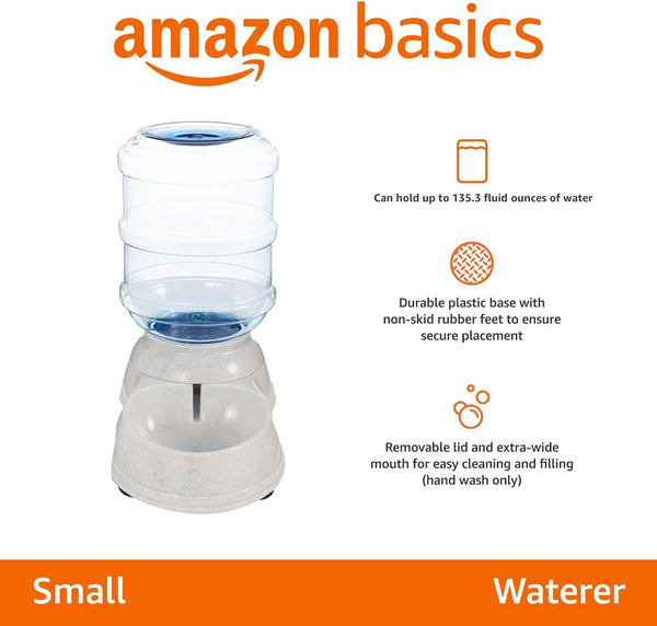 Amazon basics gravity pet water dispenser for cats and dogs, easy to clean, 1 gallon capacity, small, gray