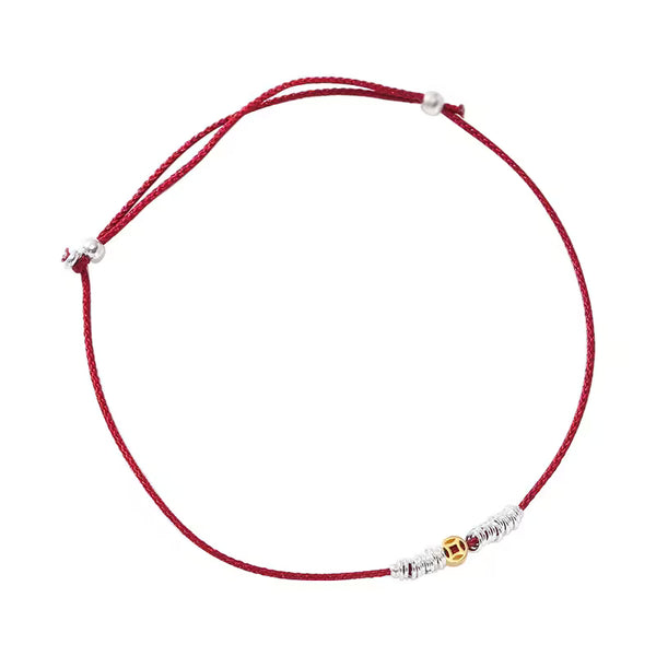 Two-Tone Gold Silver Coin Charm Red Cord Anklet for Women, 925 Sterling Silver, Minimalist Neo-Chinese Design