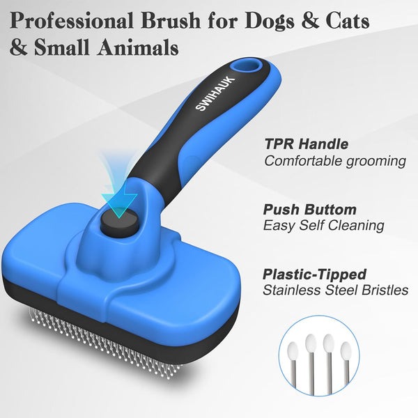 2-in-1 Pet Deshedding Brush & Slicker Comb for Dogs & Cats — Stainless Steel Needles, Self-Cleaning Grooming Tool, Gentle Hair Remover for Short & Long Fur