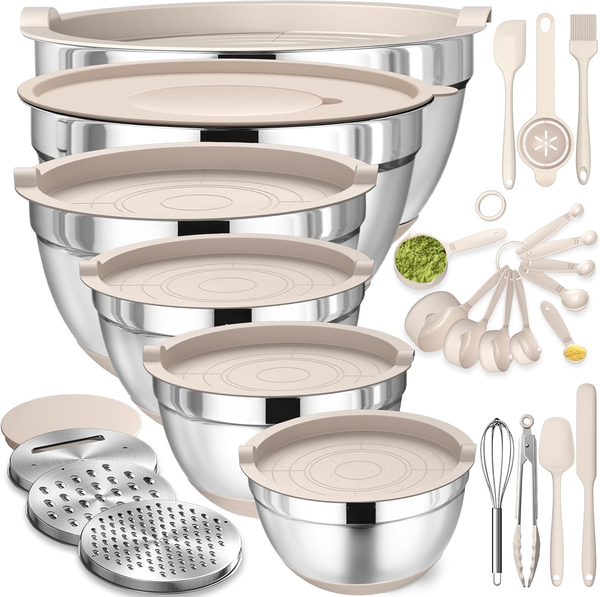 Stainless Steel Salad Bowl Set with Khaki Silicone Bottom, Nesting Bowls with Lids, Grater Attachments, Black & Multi-Color Options