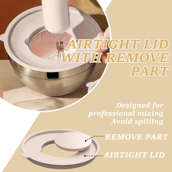 Stainless Steel Salad Bowl Set with Khaki Silicone Bottom, Nesting Bowls with Lids, Grater Attachments, Black & Multi-Color Options