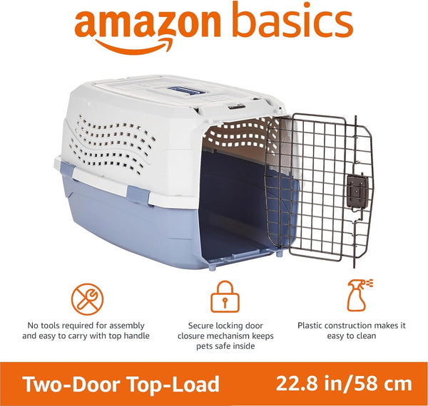 Amazon basics sturdy portable 2-door top-load hard-sided pet travel carrier with secure ventilation, handle, front & top entry for dogs, cats, 22.8"l x 15"w x 13"h, gray & blue