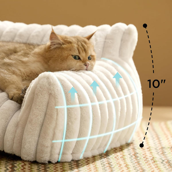 Bedsure comfyfleece™ cute cat couch for pets - as seen on tv on good day new york, fuzzy cats beds for indoor cats with removable washable cover, supportive pet sofa, 24inch, cream