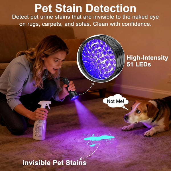 Vansky uv flashlight black light, 51 led blacklight pet urine detector for dog/cat urine, dry stains, bed bug, resin curing, scorpions finder
