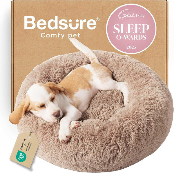 Bedsure calming dog bed for small dogs - donut washable small puppy bed, 23 inches anti-slip round fluffy plush faux fur large cat bed, fits up to 25 lbs pets, camel