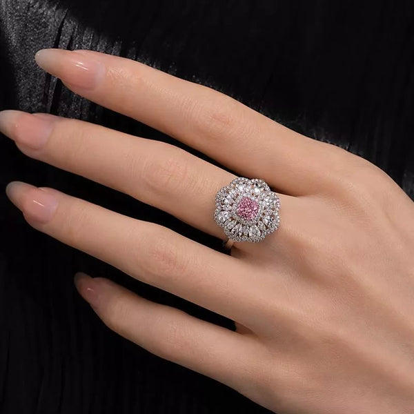 Square Halo Marquise Pink Stone Ring for Women, 925 Sterling Silver Anti-Tarnish Cocktail Statement Band