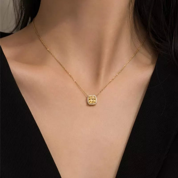 18K Gold Plated 925 Sterling Silver Necklace, Icy Flower Radiant Cut Yellow Stone Pendant, Light Luxury for Women