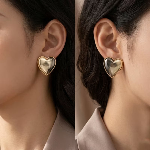 Retro European American Statement Heart Stud Earrings, Frosted 3D Metallic Finish, Autumn Winter for Women