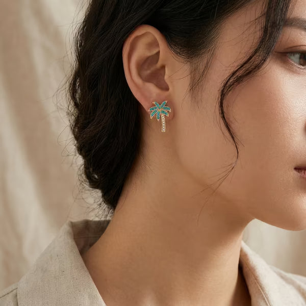 Rhinestone Coconut Tree Stud Earrings for Women, 925 Silver Post Korean Creative Jewelry