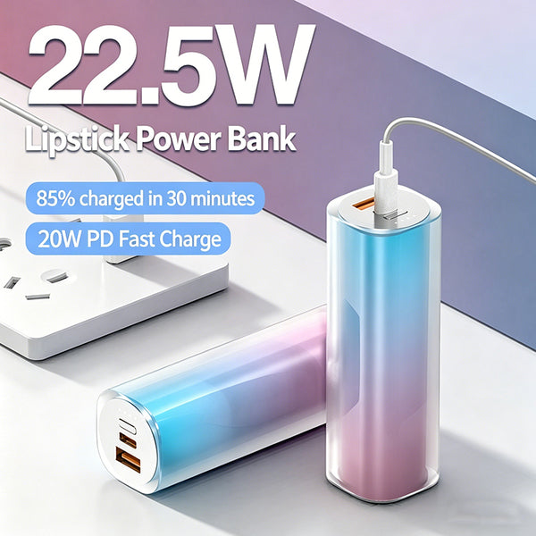 Gradient Mini Lipstick Design Power Bank 22.5W PD Fast Charging Portable Mobile Charger 5000mAh 10000mAh Slim Pocket Power Bank for Women Gift